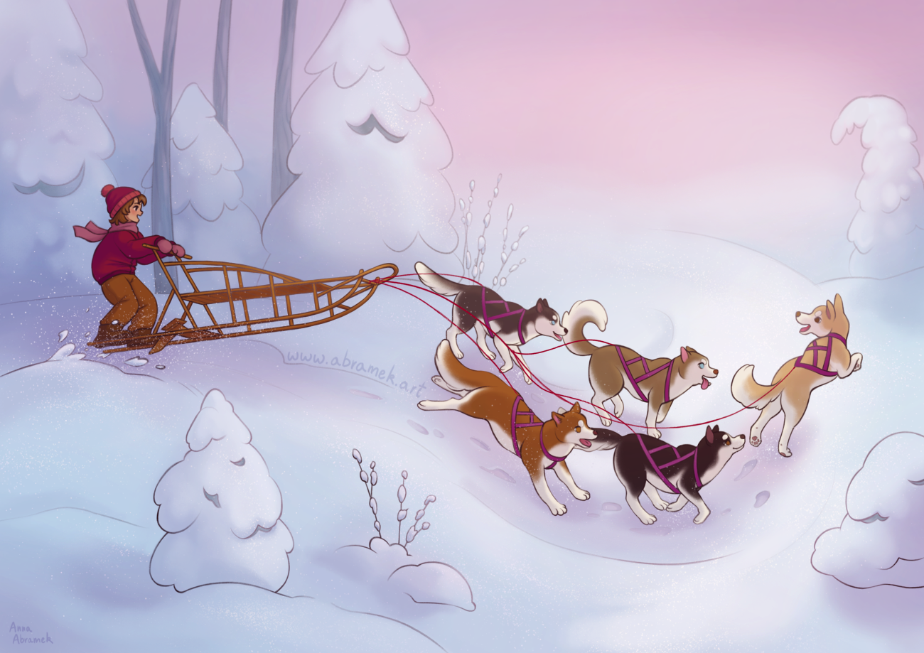 Dog Sledding Postcard Print